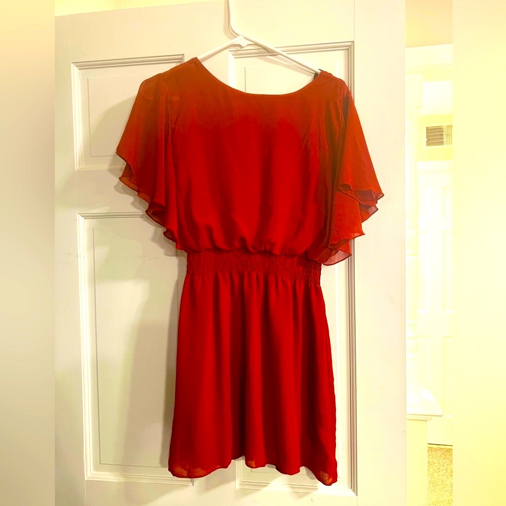 Sweet Storm brick color dress with an elastic, cinched waist.